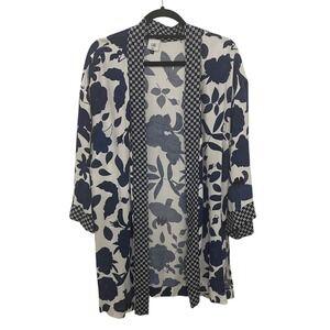 Cabi Kimono Womens‎ M/L Blue White Floral Geometric Open Front Festival Vacation
